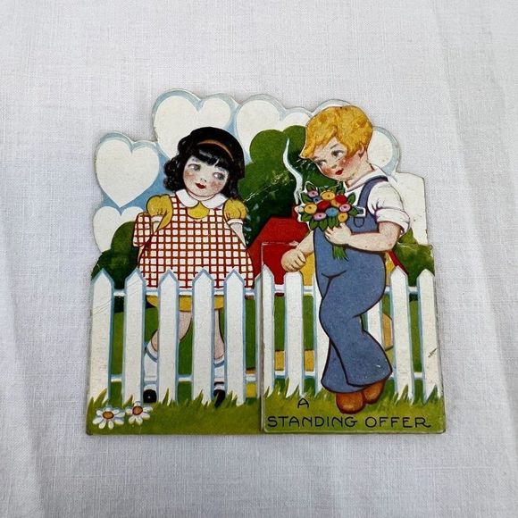 Vtg 1930s 1933 Valentine's Day Holiday Picket Fence Children Folding Card - Picture 1 of 4